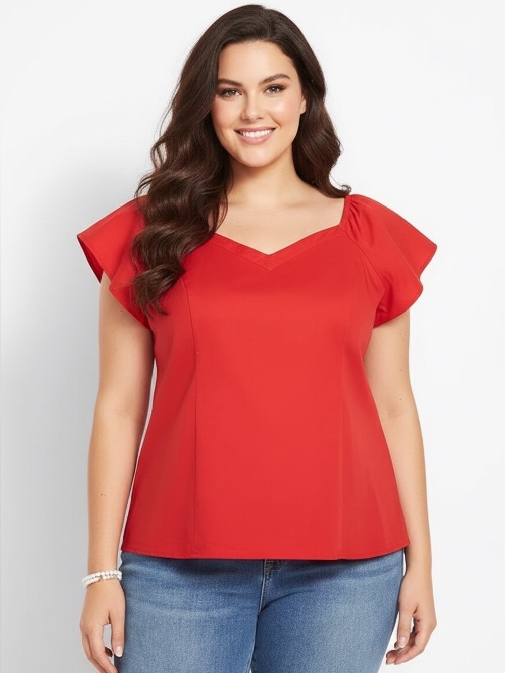 Lane Bryant Red Short Sleeve V-Neck Blouse Cotton Stretch Size 24